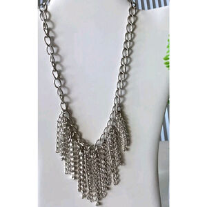 Silver Tone White Rhinestone & Chain Waterfall Fringe Choker Necklace Vintage